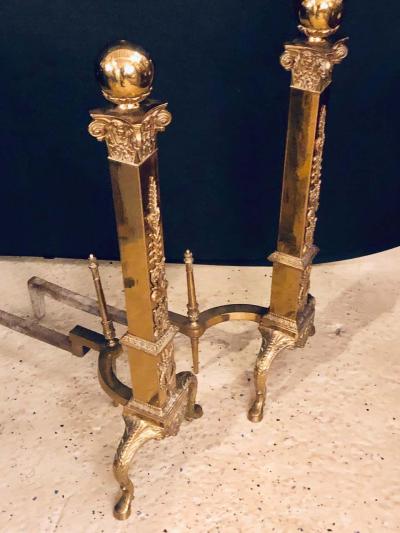 Fine Pair of Large and Impressive Louis XVI Style Brass and Irons