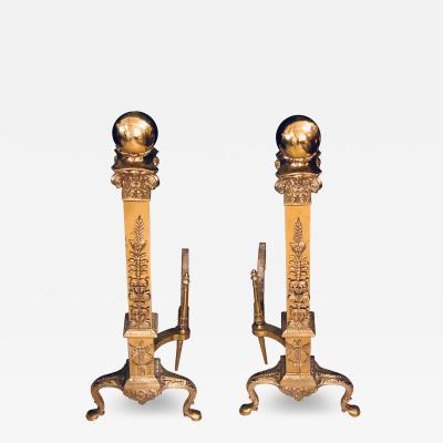 Fine Pair of Large and Impressive Louis XVI Style Brass and Irons