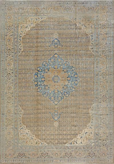 Fine Persian Tabriz Brown Blue Hand Knotted Wool Carpet