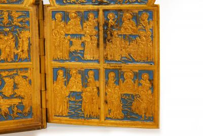 Fine Russian Old Believers Tetraptych Copper Icon with 20 Devotional Panels