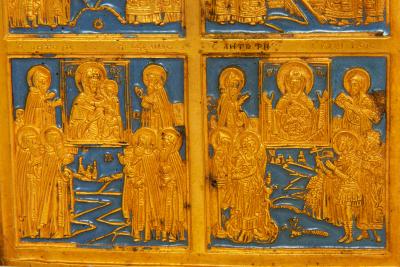Fine Russian Old Believers Tetraptych Copper Icon with 20 Devotional Panels