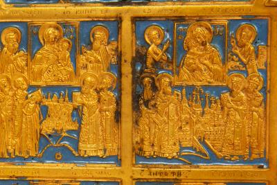 Fine Russian Old Believers Tetraptych Copper Icon with 20 Devotional Panels