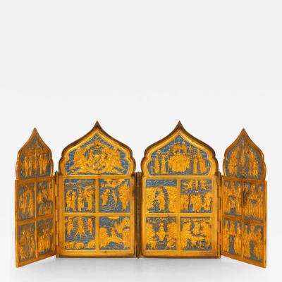Fine Russian Old Believers Tetraptych Copper Icon with 20 Devotional Panels