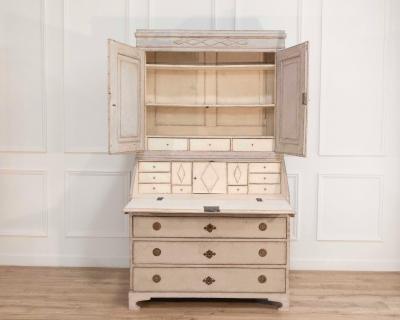 Fine Swedish three part bureau with charming carvings and marble painted columns