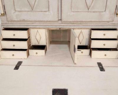 Fine Swedish three part bureau with charming carvings and marble painted columns