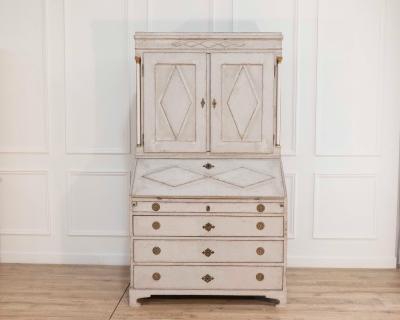 Fine Swedish three part bureau with charming carvings and marble painted columns