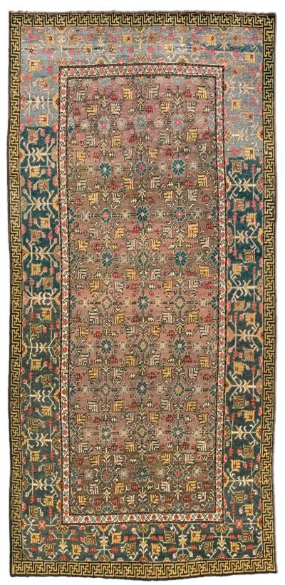Fine Vintage Samarkand Khotan Brown Green Handmade Wool Rug