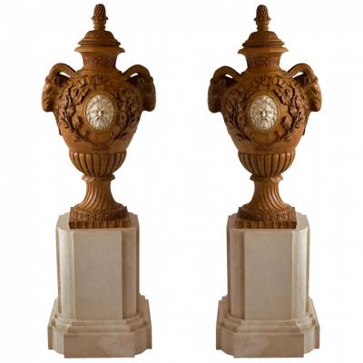 Fine and Monumental Pair of Italian Neoclassical Siena Marble Urns on Pedestal