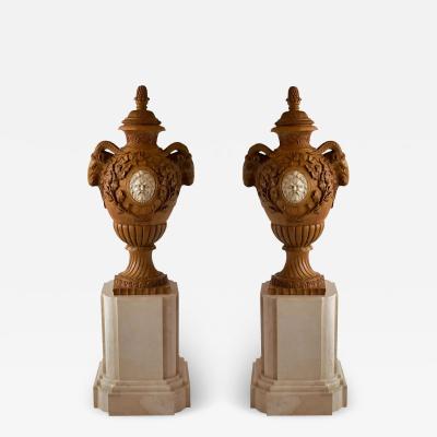 Fine and Monumental Pair of Italian Neoclassical Siena Marble Urns on Pedestal