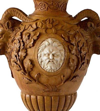 Fine and Monumental Pair of Italian Neoclassical Siena Marble Urns on Pedestal