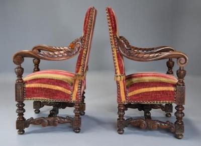 Fine pair of 19thc French walnut open armchairs in the Baroque style