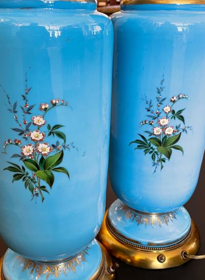 Fine pair of French blue opaline lamps w polychromed decoration