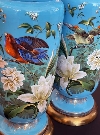Fine pair of French blue opaline lamps w polychromed decoration