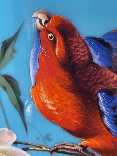 Fine pair of French blue opaline lamps w polychromed decoration