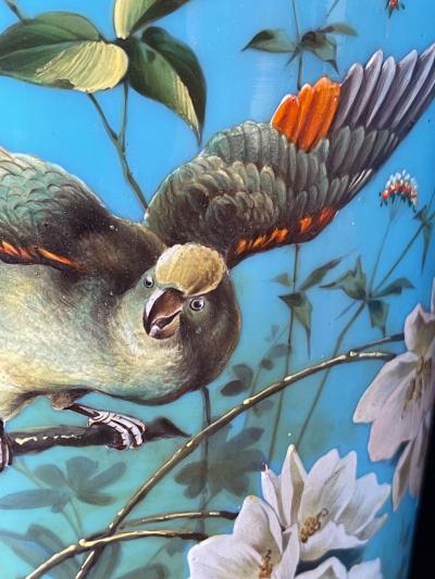 Fine pair of French blue opaline lamps w polychromed decoration