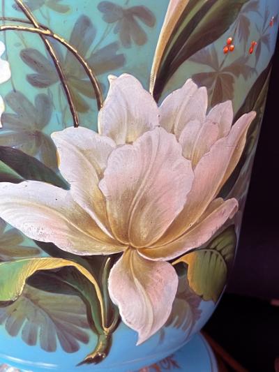 Fine pair of French blue opaline lamps w polychromed decoration