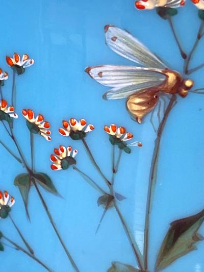 Fine pair of French blue opaline lamps w polychromed decoration