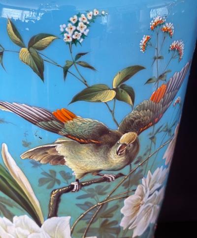 Fine pair of French blue opaline lamps w polychromed decoration