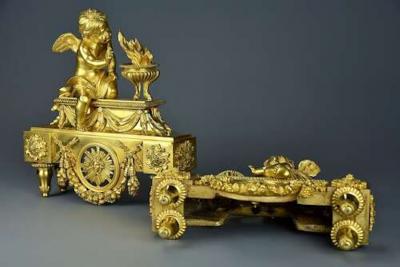 Fine quality late 19thC Louis XIV style ormolu figural chenets or fire dogs