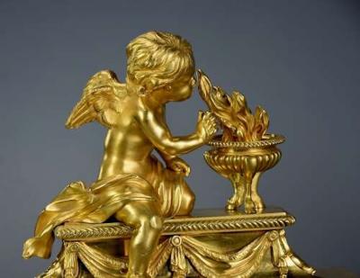 Fine quality late 19thC Louis XIV style ormolu figural chenets or fire dogs