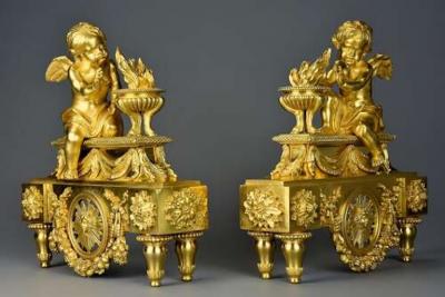 Fine quality late 19thC Louis XIV style ormolu figural chenets or fire dogs