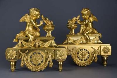 Fine quality late 19thC Louis XIV style ormolu figural chenets or fire dogs