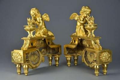 Fine quality late 19thC Louis XIV style ormolu figural chenets or fire dogs