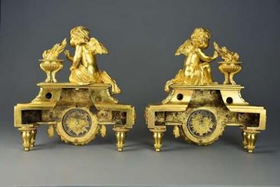 Fine quality late 19thC Louis XIV style ormolu figural chenets or fire dogs