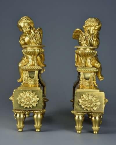 Fine quality late 19thC Louis XIV style ormolu figural chenets or fire dogs