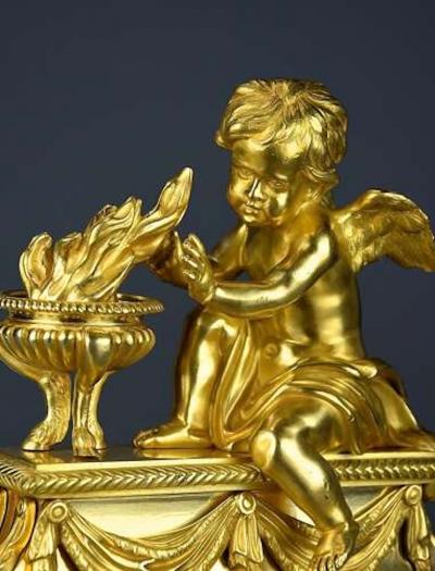 Fine quality late 19thC Louis XIV style ormolu figural chenets or fire dogs