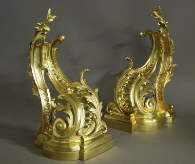 Fine quality pair of French Rococo style ormolu chenets or fire dogs 
