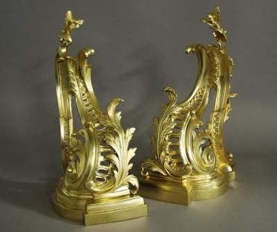 Fine quality pair of French Rococo style ormolu chenets or fire dogs 