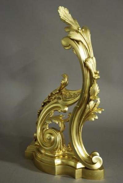 Fine quality pair of French Rococo style ormolu chenets or fire dogs 