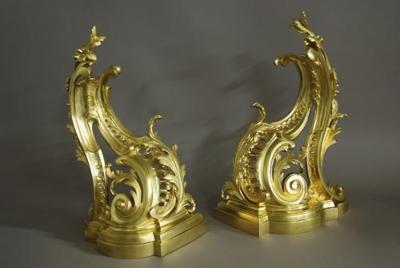 Fine quality pair of French Rococo style ormolu chenets or fire dogs 