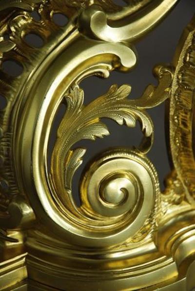 Fine quality pair of French Rococo style ormolu chenets or fire dogs 