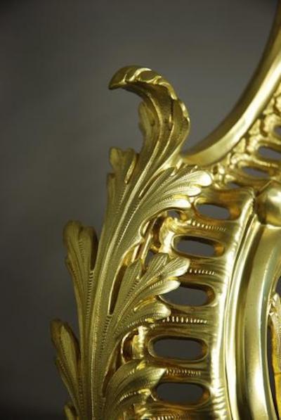 Fine quality pair of French Rococo style ormolu chenets or fire dogs 