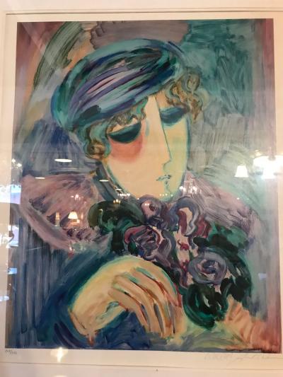 Finely Framed and Matted Lithograph by Barbara Wood Woman with Hat and Flowers