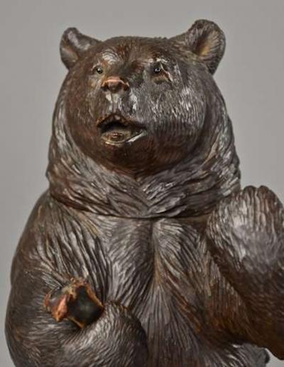 Finely carved 19thc Black Forest brown bear humidor or tobacco box