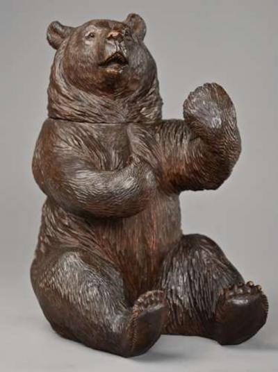 Finely carved 19thc Black Forest brown bear humidor or tobacco box
