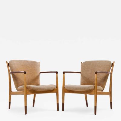 Finn Juhl Finn Juhl for Baker Delegate Mid Century Walnut Lounge Chairs Pair