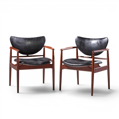 Finn Juhl Finn Juhl for Niels Vodder NV 48 Mid Century Danish Teak Lounge Chairs Pair