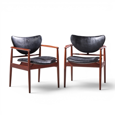 Finn Juhl Finn Juhl for Niels Vodder NV 48 Mid Century Danish Teak Lounge Chairs Pair