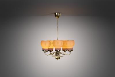 Finnish Brass and Opal Glass Chandelier by Saariston Valaisin Finland ca 1950s