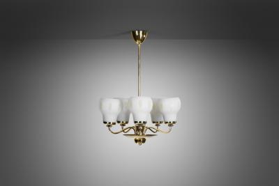 Finnish Brass and Opal Glass Chandelier by Saariston Valaisin Finland ca 1950s