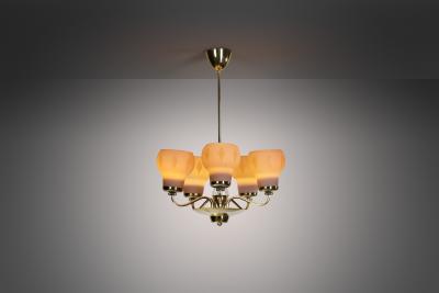 Finnish Brass and Opal Glass Chandelier by Saariston Valaisin Finland ca 1950s