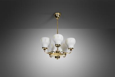 Finnish Brass and Opal Glass Chandelier by Saariston Valaisin Finland ca 1950s