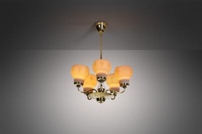 Finnish Brass and Opal Glass Chandelier by Saariston Valaisin Finland ca 1950s