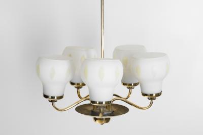 Finnish Brass and Opal Glass Chandelier by Saariston Valaisin Finland ca 1950s