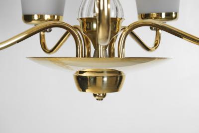Finnish Brass and Opal Glass Chandelier by Saariston Valaisin Finland ca 1950s