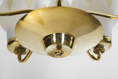 Finnish Brass and Opal Glass Chandelier by Saariston Valaisin Finland ca 1950s